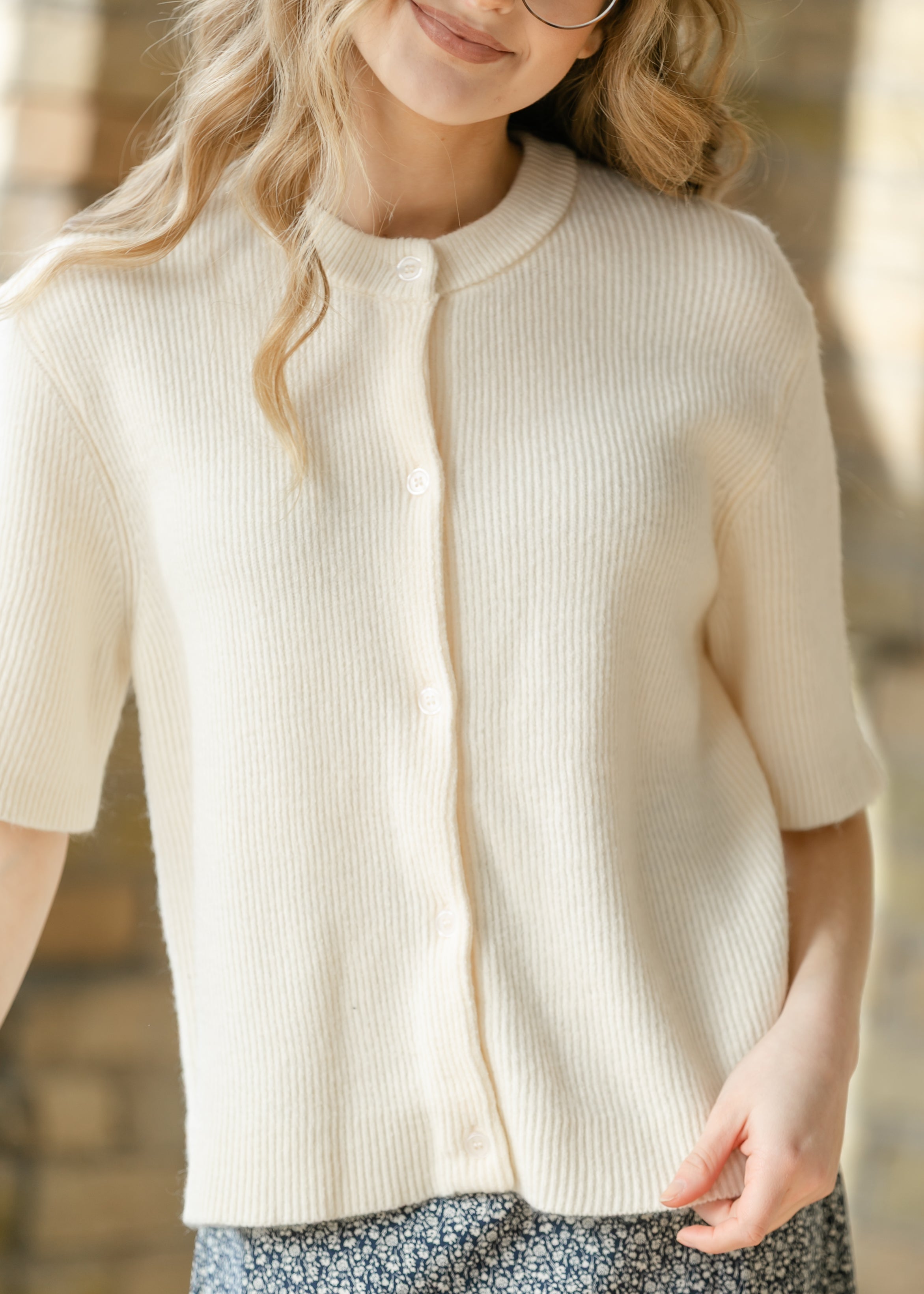 Zadie Ivory Short Sleeve Button Knit Cardigan Sweater